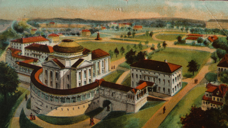 An early view of the campus shows the lawn as planned by Stanford White encircled by drives and awaiting a perimeter of buildings.