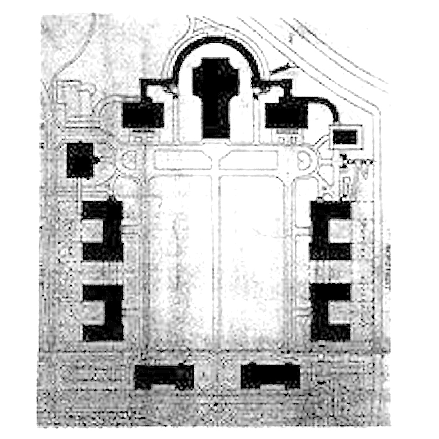 Frederick Law Olmsted, Jr. unexecuted master plan of 1912; existing construction at top, proposed future buildings on sides closer to central axis.